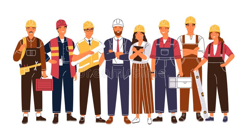 Groepsportret van de leuke gelukkige industrie of bouwvakkers, ingenieurs die zich verenigen Team van glimlachend mannetje en royalty-vrije illustratie Groepsportret van de leuke gelukkige industrie of bouwvakkers, ingenieurs die zich verenigen Team van glimlachend mannetje en royalty-vrije illustratie