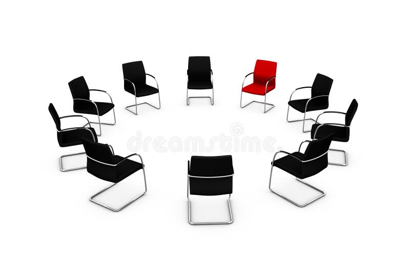 Several black chairs and one red chair arranged in a circle typical of group therapy or self-help groups. Several black chairs and one red chair arranged in a circle typical of group therapy or self-help groups.