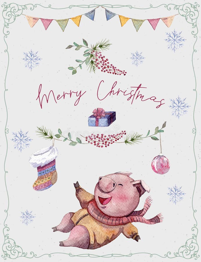 Groetkaart met leuke varken, spar, sok en sneeuwvlokken en slinger Grappig beeldverhaalkarakter Vrolijke Kerstmis en gelukkig Nie vector illustratie Groetkaart met leuke varken, spar, sok en sneeuwvlokken en slinger Grappig beeldverhaalkarakter Vrolijke Kerstmis en gelukkig Nie vector illustratie
