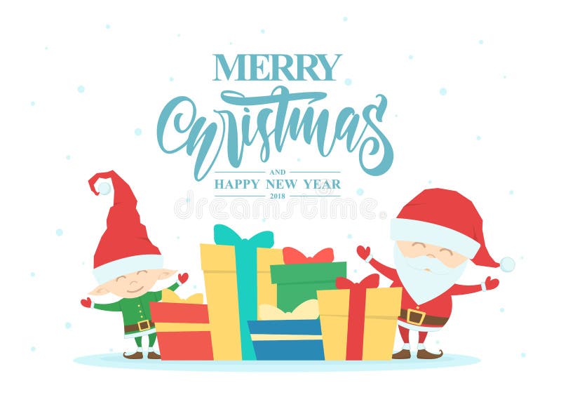 Groetkaart met Santa Claus, elf, giftdozen en hand het getrokken van letters voorzien van Vrolijke Kerstmis en Gelukkig Nieuwjaar stock illustratie Groetkaart met Santa Claus, elf, giftdozen en hand het getrokken van letters voorzien van Vrolijke Kerstmis en Gelukkig Nieuwjaar stock illustratie