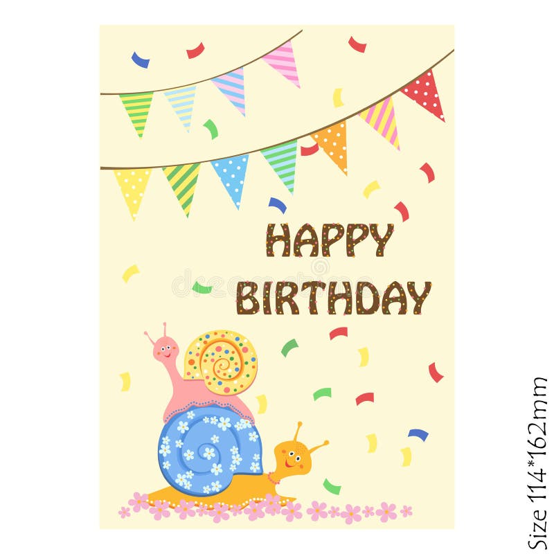 Groetkaart voor kinderen gelukkige verjaardag Grappige slak en kleurrijke feestelijke banners Vreugde, geluk, kinderen vector illustratie Groetkaart voor kinderen gelukkige verjaardag Grappige slak en kleurrijke feestelijke banners Vreugde, geluk, kinderen vector illustratie