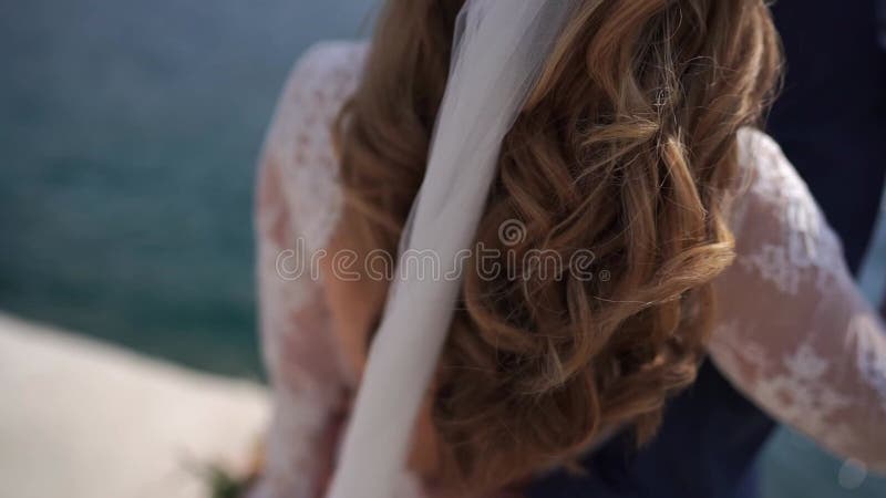 Groom abraza a la novia con el pelo volador en el muelle. Vista posterior almacen de metraje de vídeo