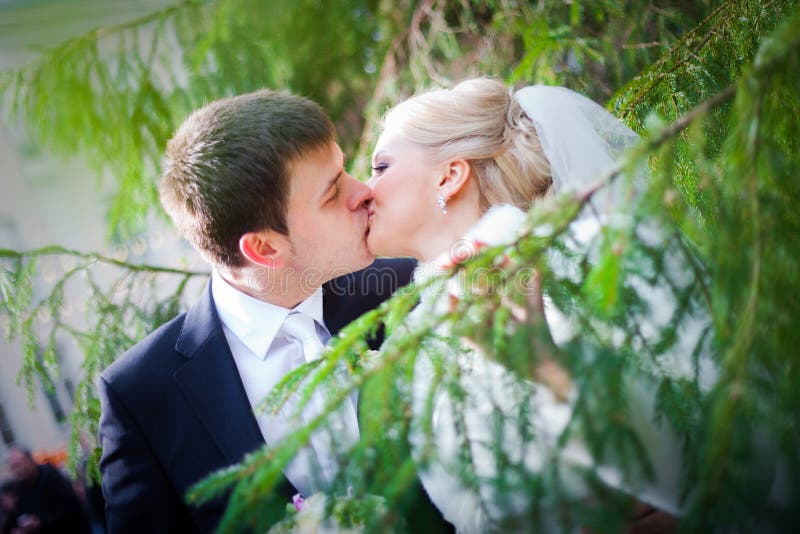 Groom and the bride near a Christmas tree