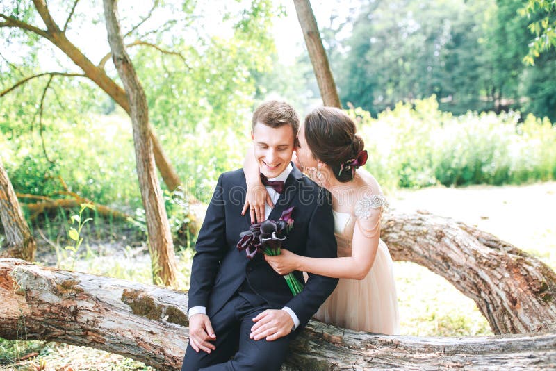 Groom and bride together. Wedding romantic couple outdoor