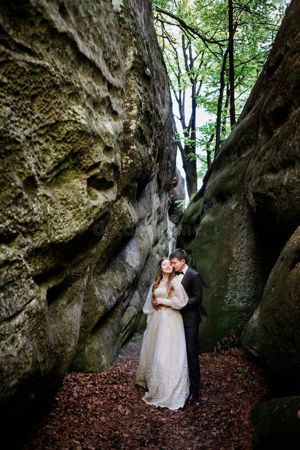 Groom kisses bride from behind royalty free stock photo