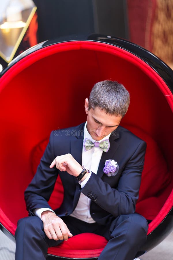 Groom Looking at His Watch on Wedding Day Stock Photo Image of
