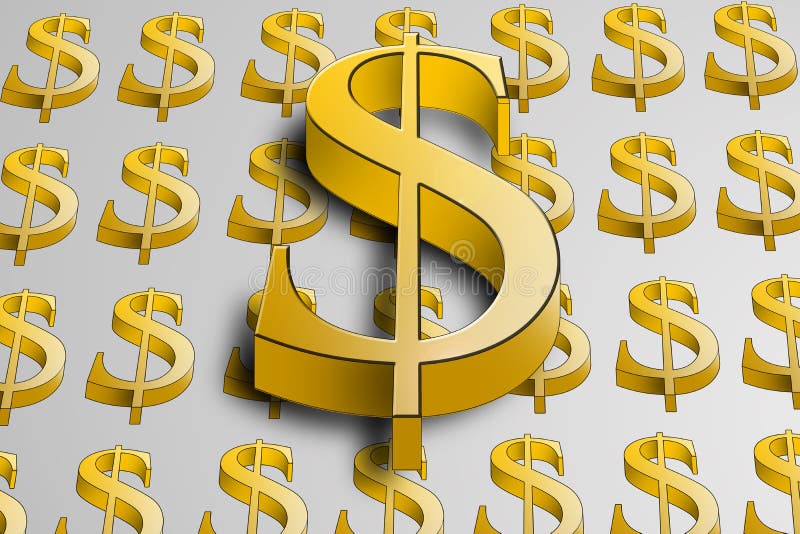 Groot 3d gouden dollarsymbool op kleinere dollars stock illustratie Groot 3d gouden dollarsymbool op kleinere dollars stock illustratie