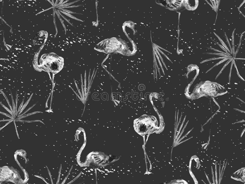 Groot flamingo zwart Hawaiiaans naadloos patroon stock illustratie Groot flamingo zwart Hawaiiaans naadloos patroon stock illustratie