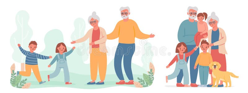 Grootouders en kleinkinderen. jongen die naar oude oma en opa gaat. gelukkige grootmoeder grootvader en kinderen