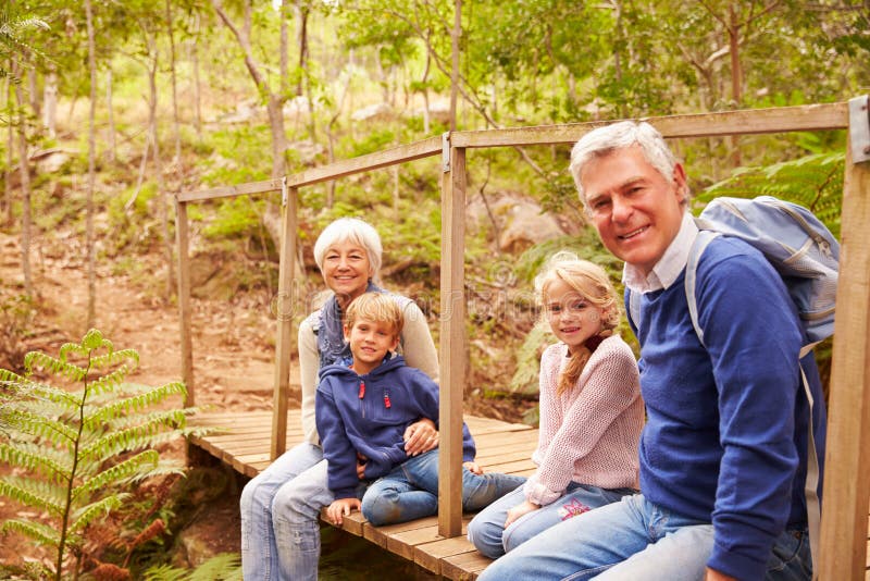 Grootouders met grandkids op brug in een bos, portret stock afbeelding Grootouders met grandkids op brug in een bos, portret stock afbeelding