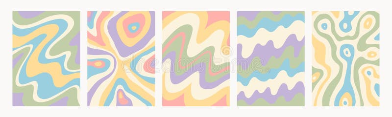 Groovy backgrounds with liquid paint patterns. Abstract psychedelic pattern set. Trendy wavy vector textures in abstract stock illustration