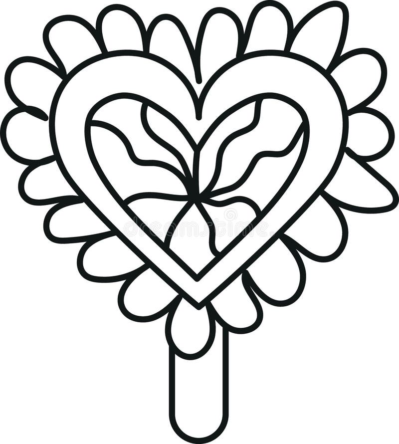 Groovy lody, groovy boho lody w stylu liniowym. Kolorowa ilustracja kwiatu w kształcie serca na patyku lizaka royalty ilustracja