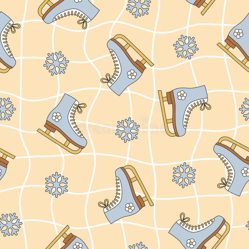 Groovy Christmas seamless pattern with ice skates. Figure skates and snowflakes on distorted checkerboard background. royalty free illustration