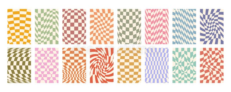Groovy distorted checked background big set. Hand drawn groovy, hippie backgrounds. Distorted checker, warped streaks stock illustration