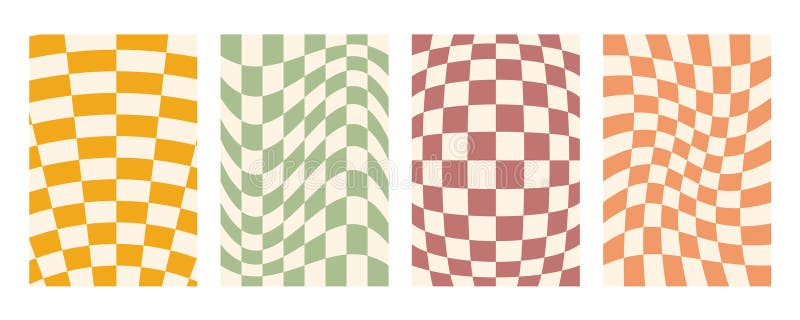 Groovy distorted checkered background set. Hand drawn groovy, hippie backgrounds. Distorted checker, warped streaks royalty free illustration