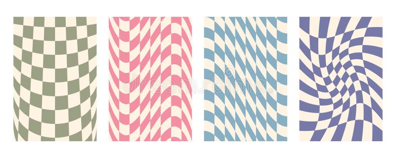 Groovy distorted checkered background set. Hand drawn groovy, hippie backgrounds. Distorted checker, warped streaks royalty free illustration