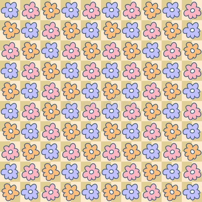 Groovy doodle flowers hippie aesthetic seamless pattern. Floral checkerboard print for fabric, paper, T-shirt. Funky doodle