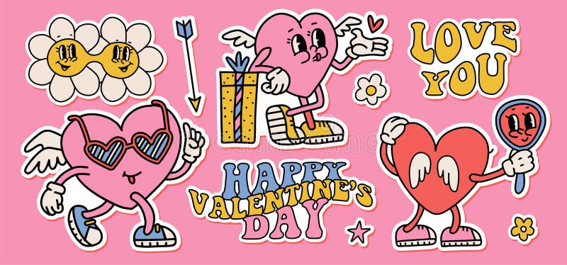 Groovy hippie love sticker set. Retro cartoon Valentines day elements. Comic happy heart character in trendy retro 60s