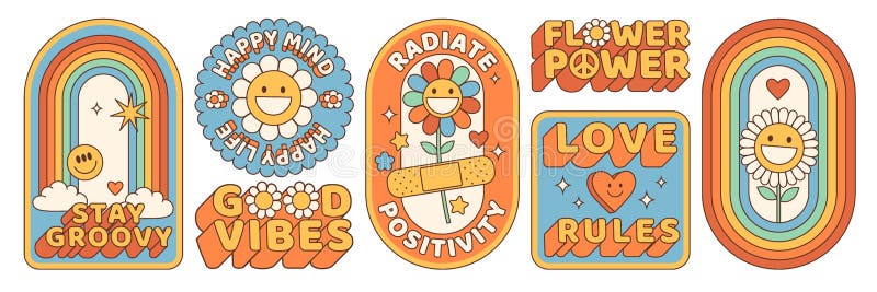 Groovy hippie 70s stickers. Funny cartoon flower, rainbow, peace, heart in retro psychedelic style.