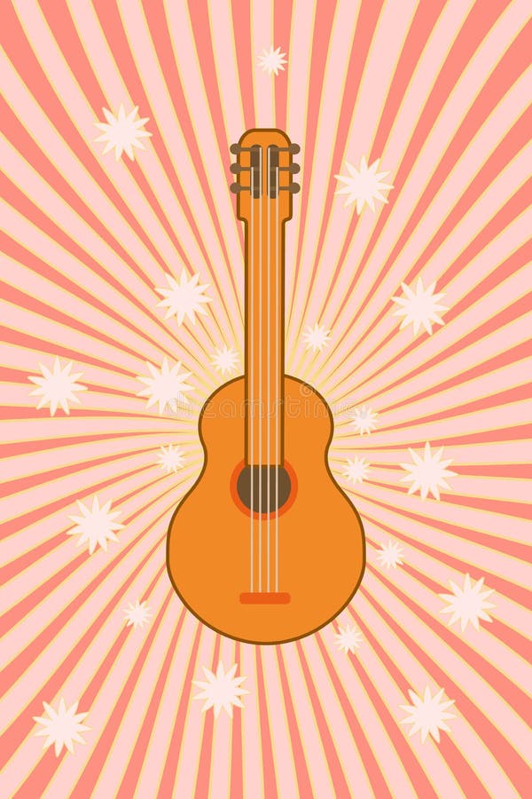 Groovy music with retro guitar. Hippie style. Vintage art design. Cartoon. Vector illustration on a jolly background.