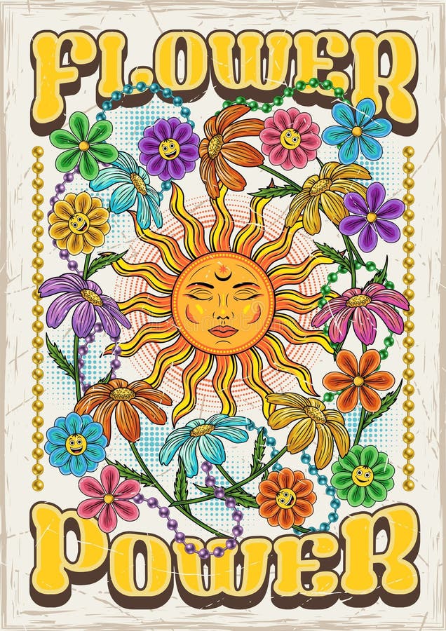 Groovy poster with sun, chamomile flowers, beads