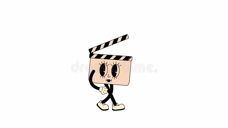 Groovy retro cartoon clapperboard walking in a seamless loop animation vector illustration