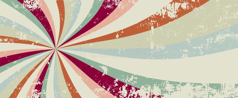 Groovy retro sunburst background pattern and grunge textured vintage color palette of burgundy red pink blue green orange and copper brown in spiral or swirled vector striped design, 60s hippy art