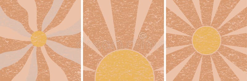 Groovy retro sunshine cards set. Groovy sun rays background collection. Retro 70s vintage textured design