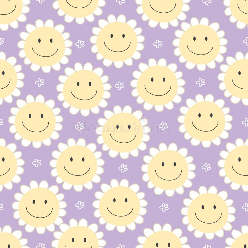 Groovy Springseamless Pattern with Cartoon Flowers. Retro Style, Vector ...