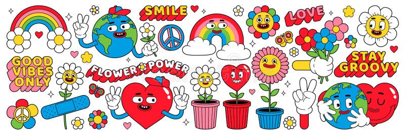 Groovy sticker pack in trendy retro cartoon style. Funny happy Earth, rainbow, heart, flower, daisy.