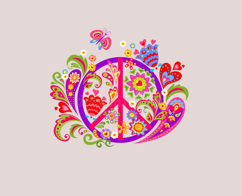 Groovy T shirt fashion print with Peace Hippie Symbol and abstract colorful flowers for textile art