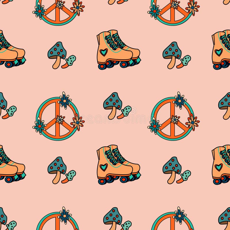 1970 Groovy Trippy Seamless Pattern with Peace Sing, Mushroom and