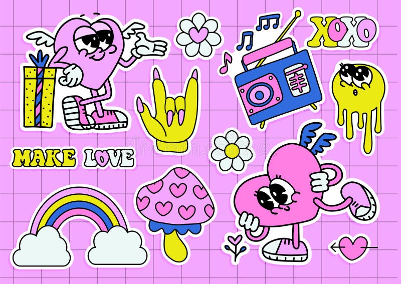 Groovy Valentine Characters Set. Cute Comic Hippie Collection of Heart ...