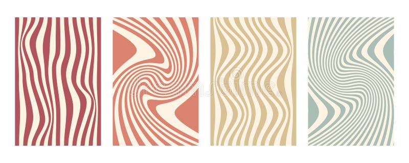 Groovy wave stripe set. Hand drawn groovy, hippie backgrounds. Distorted vertical stripes, warped streaks, fluid liquid vector illustration