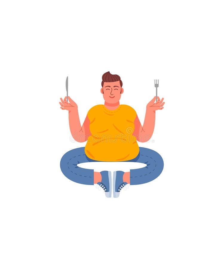 Fat man in a pose of meditation with a fork and a knife in his hands. Fat man meditates before eating. Vector illustration in cartoon style. Fat man in a pose of meditation with a fork and a knife in his hands. Fat man meditates before eating. Vector illustration in cartoon style