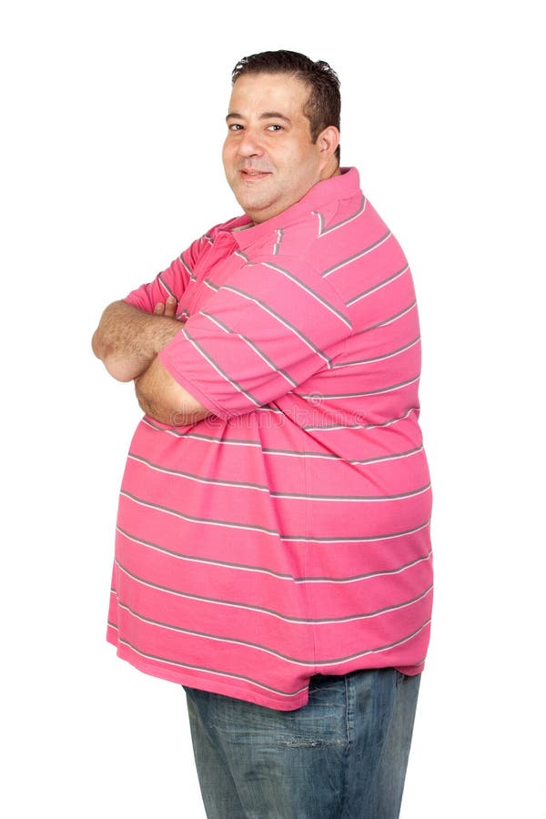 Worried fat man with pink shirt isolated on white background. Worried fat man with pink shirt isolated on white background