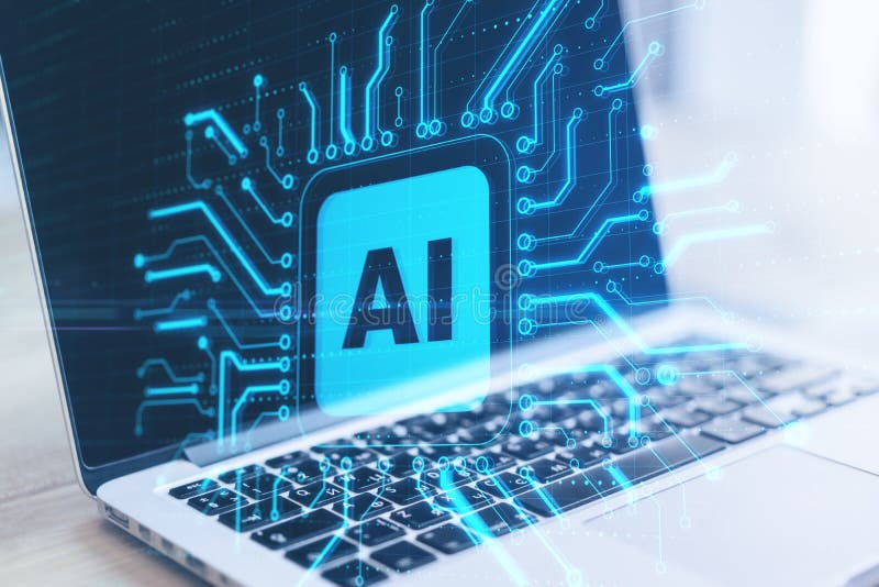 Gros plan d'ordinateur portable avec puce d'ai brillante abstraite sur fond flou. intelligence artificielle et concept d'innovatio images libres de droits