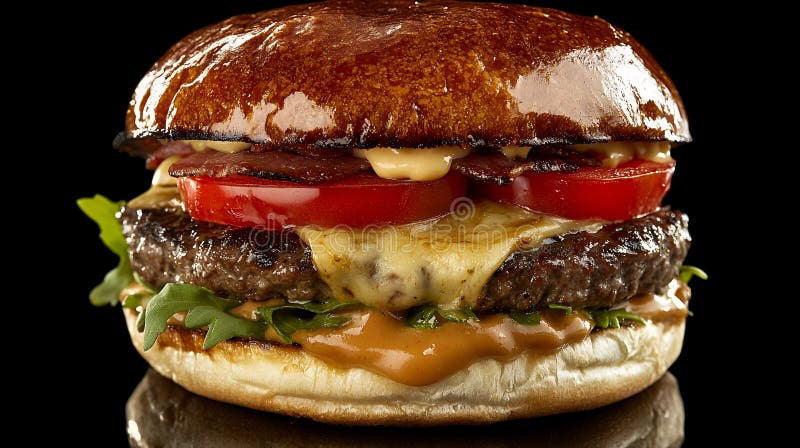 Gros plan d'un délicieux hamburger avec du fromage et de la sauce au bacon sur une surface sombre illustration libre de droits