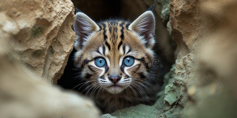 Gros plan d'un Kitten d'Ocelot avec des yeux bleus frappants Pékin d'un Crevice de Rocher photographie stock libre de droits