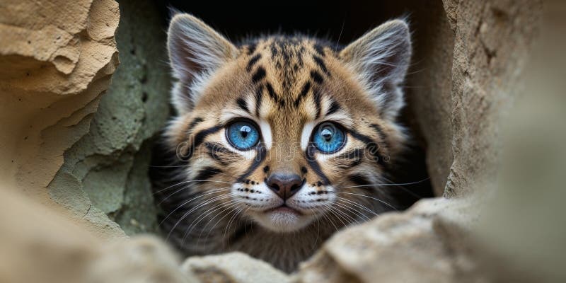 Gros plan d'un Kitten d'Ocelot avec des yeux bleus frappants Pékin d'un Crevice de Rocher. image stock