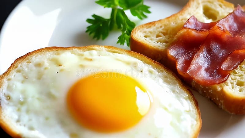 Gros plan d'un plat parfaitement cuit Sunny Side Up Oeuf et Bacon croustillant sur pain grillé Garni de persil sur une plaque blan illustration libre de droits