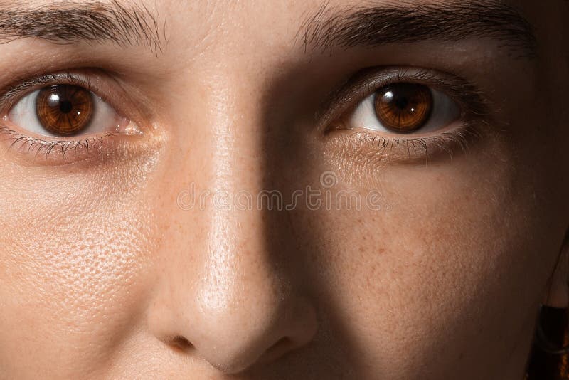 Gros plan d'un visage de filles avec des taches de rousseur marron d'yeux agrandis et les pores images libres de droits