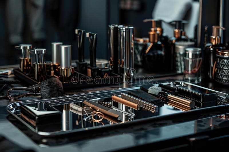 Gros plan de brosses de maquillage sur un miroir parfait pour les concepts beauté et cosmétique image stock