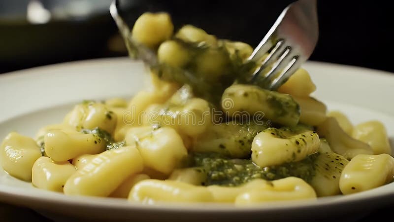 Gros plan de pâtes Gnocchi avec sauce de Pesto servies sur plaque blanche avec fourchettes pour manger de la cuisine italienne tra illustration libre de droits