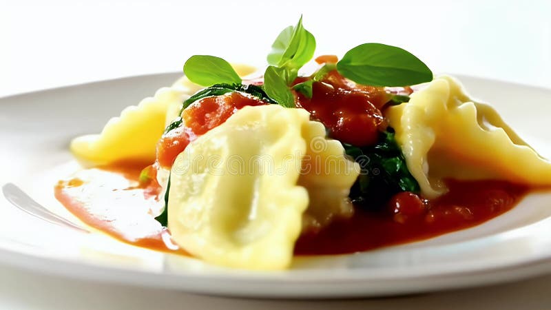 Gros plan de Ravioli avec sauce tomate et épinards sur plaque blanche illustration stock