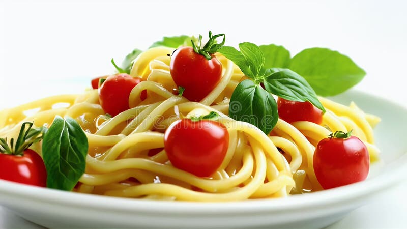 Gros plan de Spaghetti avec tomates cerises et basilic sur plaque blanche illustration stock