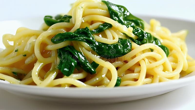 Gros plan de Spaghetti jaune avec épinards verts sur plaque blanche illustration libre de droits