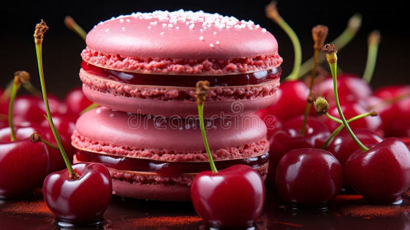 Gros plan rouge cerise macaron. ai génératif. photo libre de droits