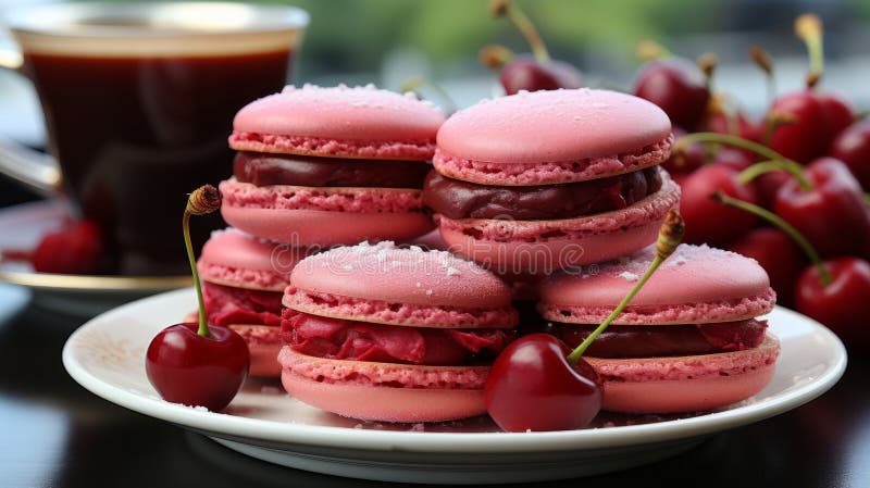 Gros plan rouge cerise macaron. ai génératif. illustration de vecteur