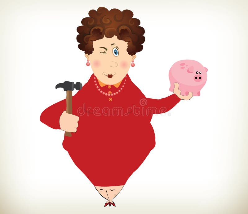 Grosse dame gaie tenant une tirelire et un marteau illustration stock Grosse dame gaie tenant une tirelire et un marteau illustration stock
